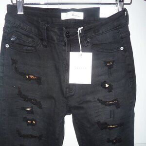 NWT KanCan Distressed Black Denim Skinny Jeans Leopard Patch Size 9 / 27